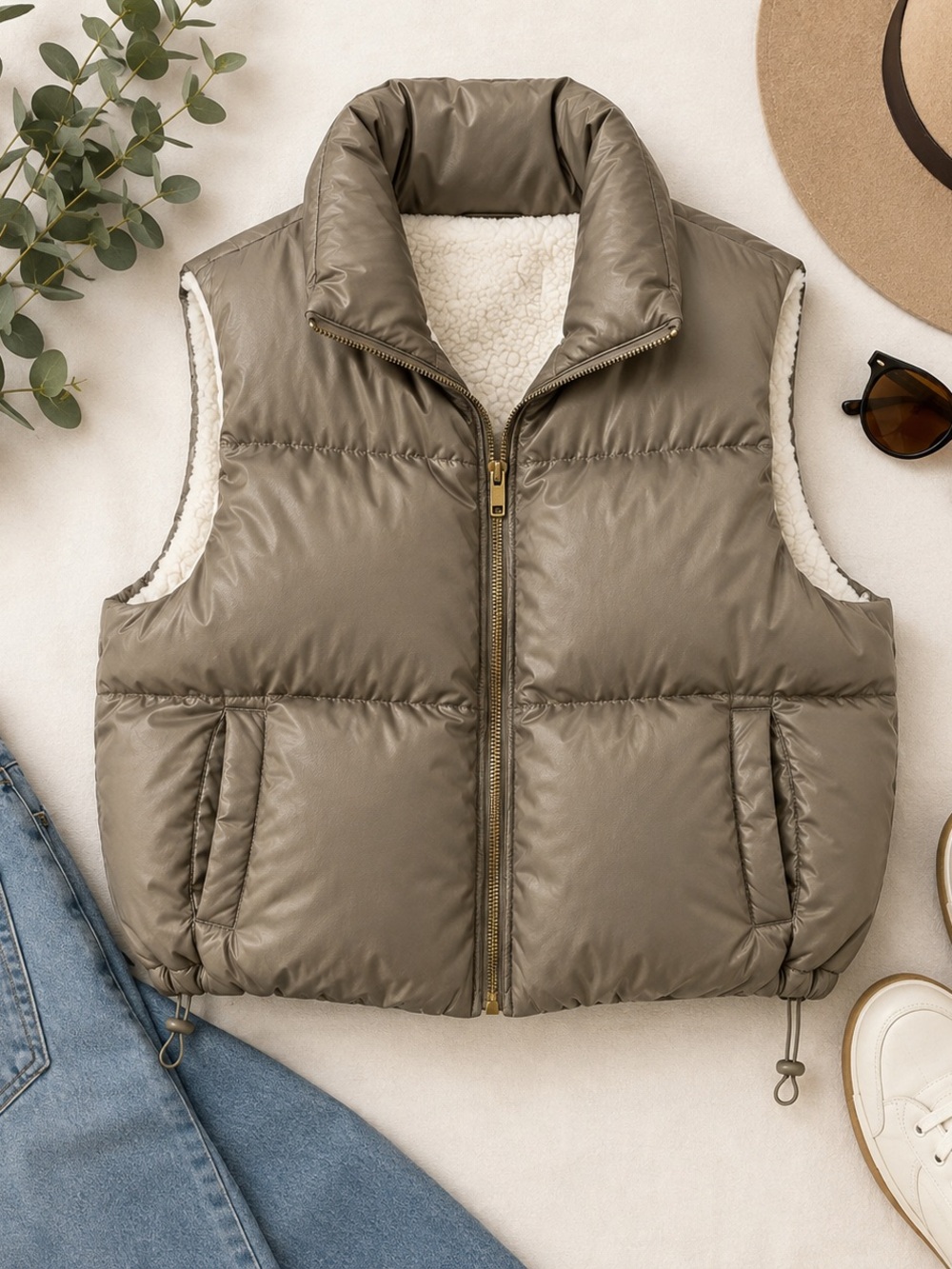 Faded Rose Sherpa-Lined Puffer Vest (Size Medium)